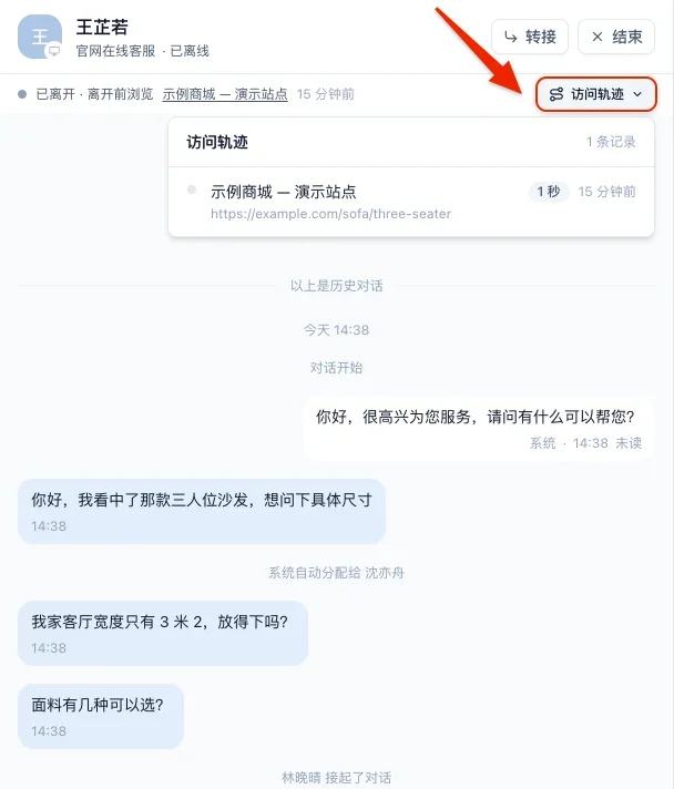 对话消息区顶部的访问轨迹，展开后显示客户开口前浏览过的页面和停留时长，红框箭头指向访问轨迹按钮