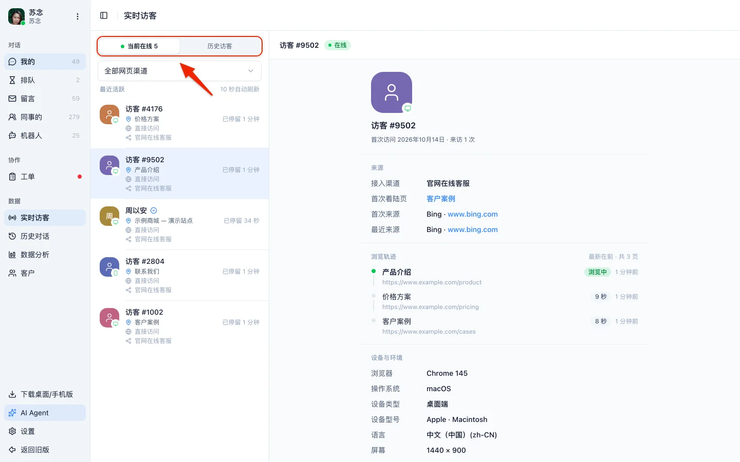 实时访客的当前在线列表，每行是一位正在网站上的访客，顶部可切换当前在线和历史访客