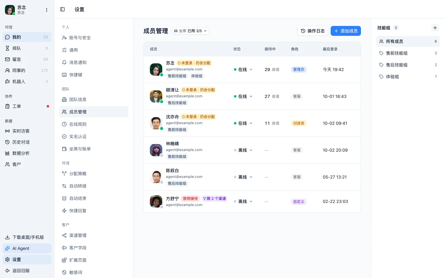 成员管理页,每位成员一行,角色一栏显示管理员、客服、创建者、自定义