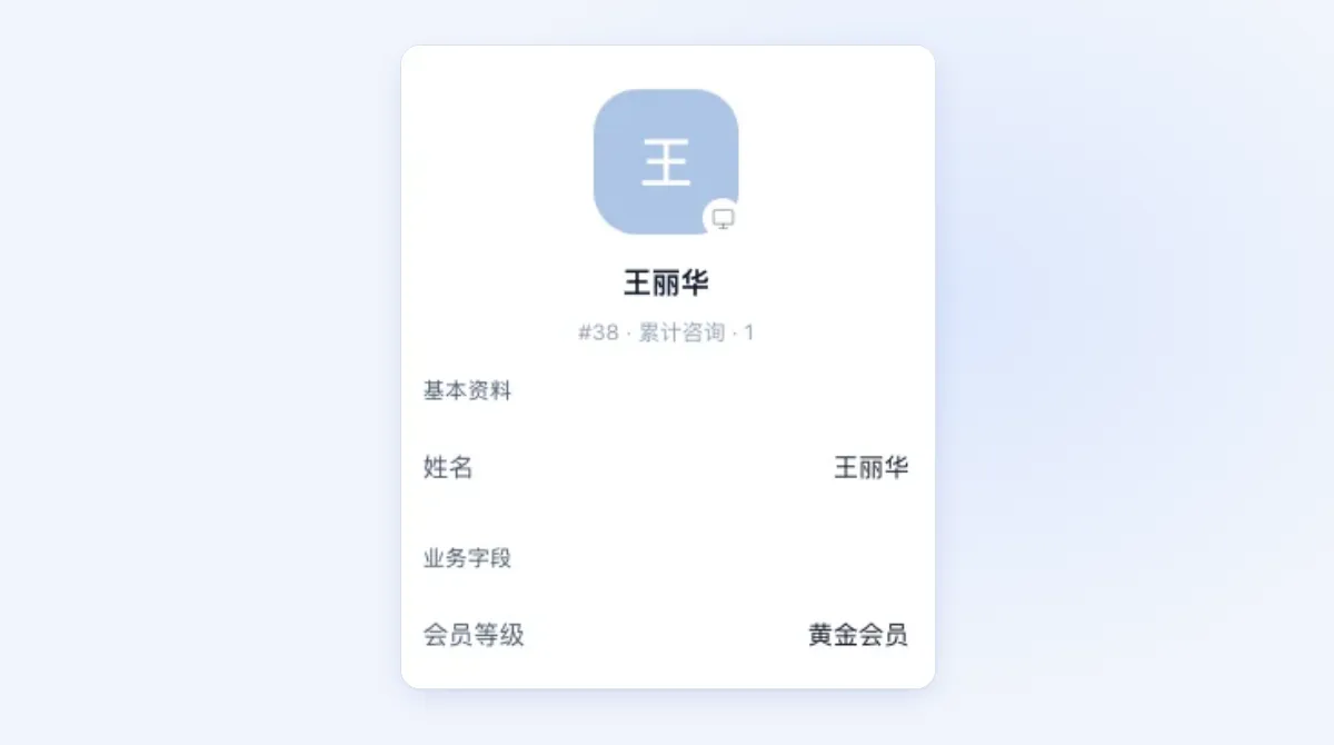 客服工作台右侧的客户档案，显示客户姓名和会员等级