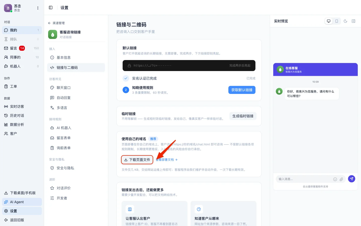 链接与二维码页的「使用自己的域名」区域,红框指向「下载页面文件」按钮