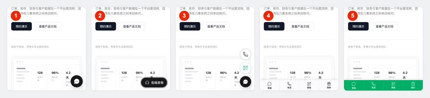 手机网页上的五种客服按钮样式，后两种是贴在屏幕底部的一排入口