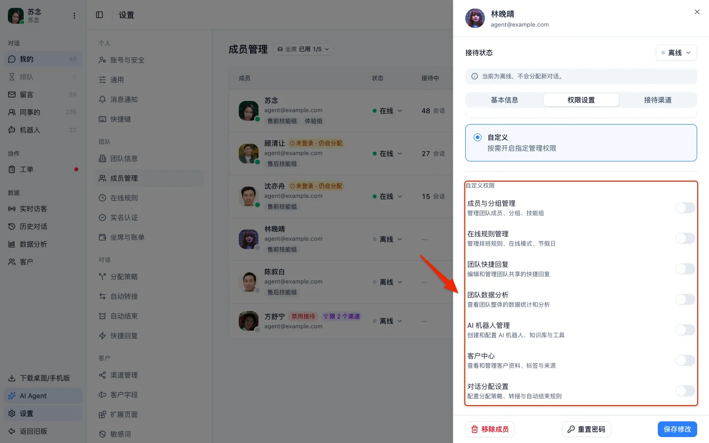 选「自定义」后展开的 7 项权限开关,从成员与分组管理到对话分配设置